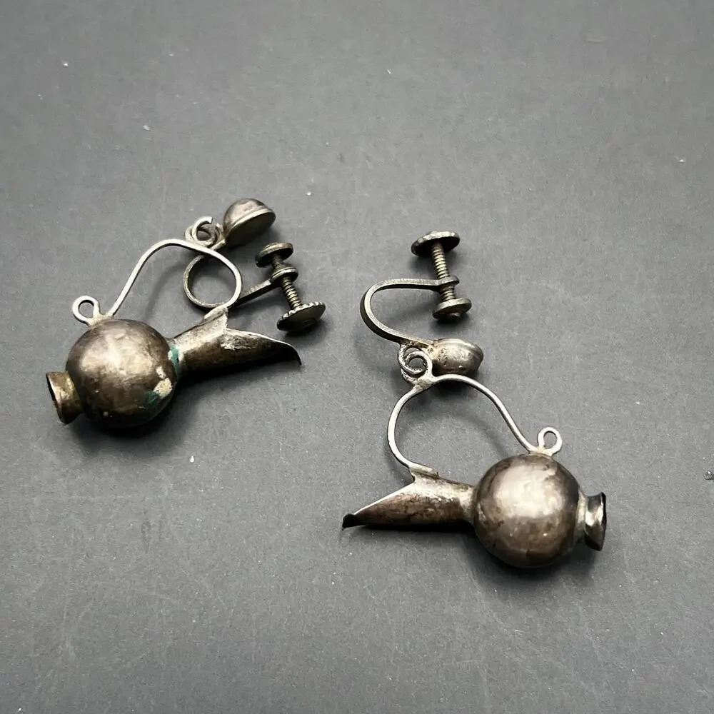 Vintage Mexican Mexico Sterling Silver Pitcher Dangle Screw- back Earrings
